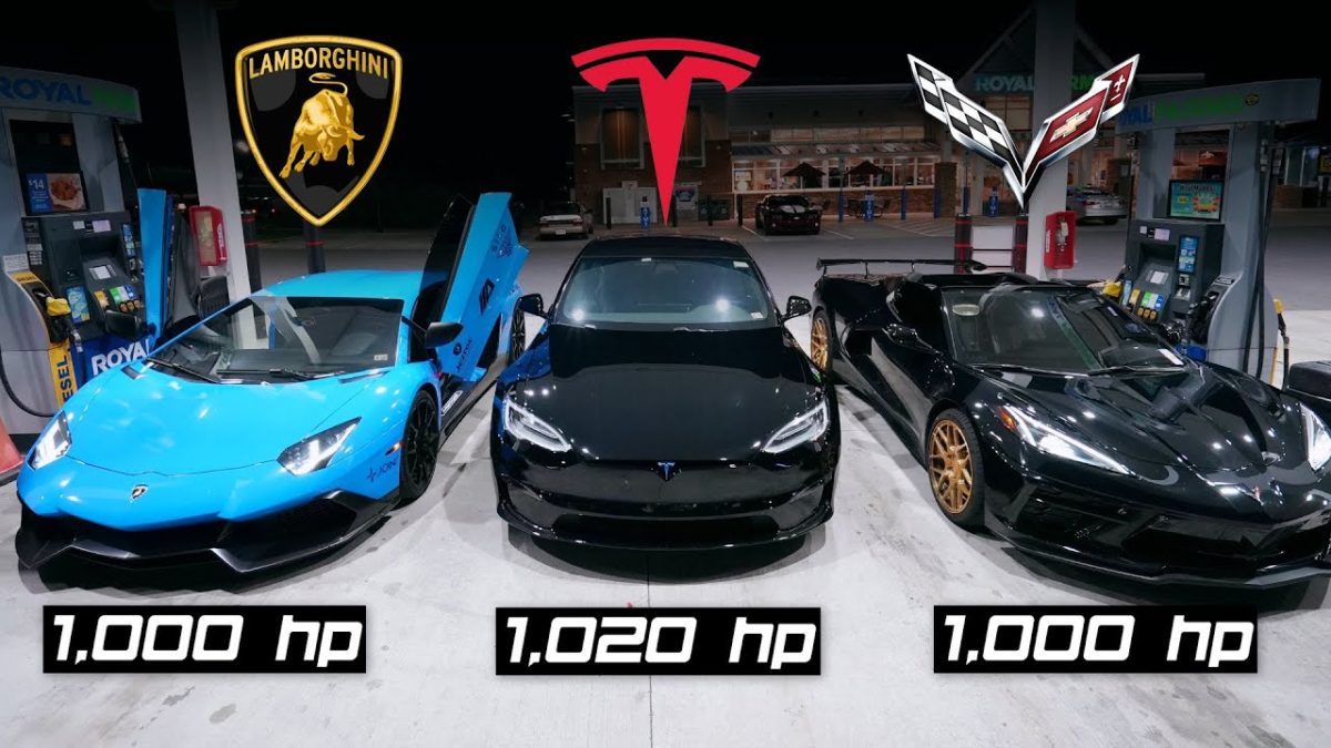 Model S Plaid vs 1000hp Lamborghini vs 1000hp Corvette C8