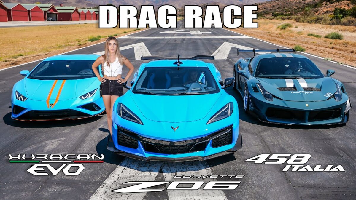 2023 Corvette Z06 vs Lamborghini Evo vs Ferrari 458 RACE (VIDEO)