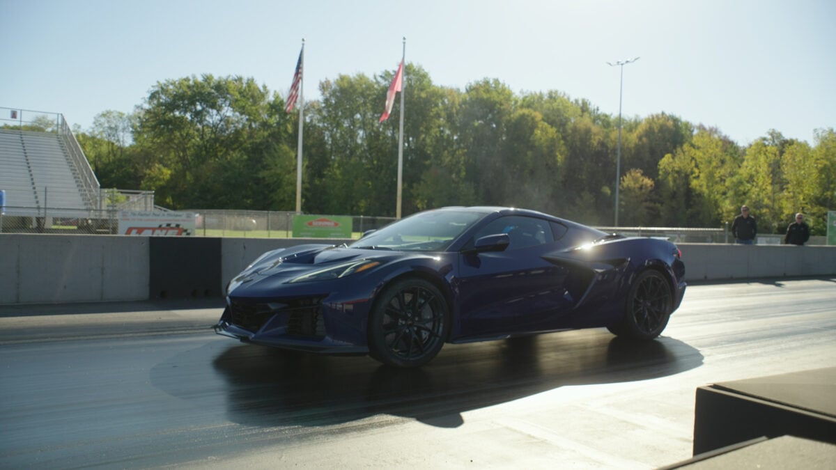 Corvette ZR1X launching on a prepped drag strip during Chevrolet's quarter-mile testing